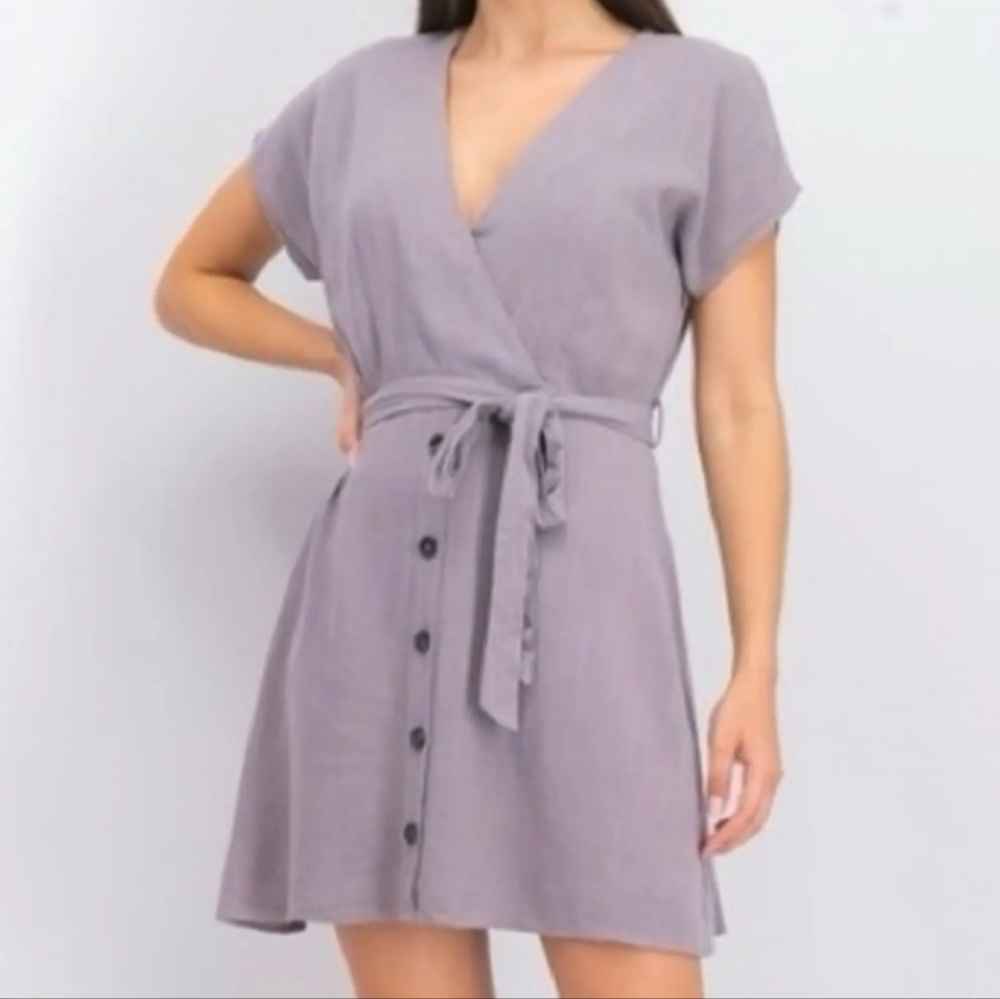 Sadie & Sage Slate Button-Down Mini Dress W/Belt Linen Blend Spring Summer Large - Picture 4 of 11